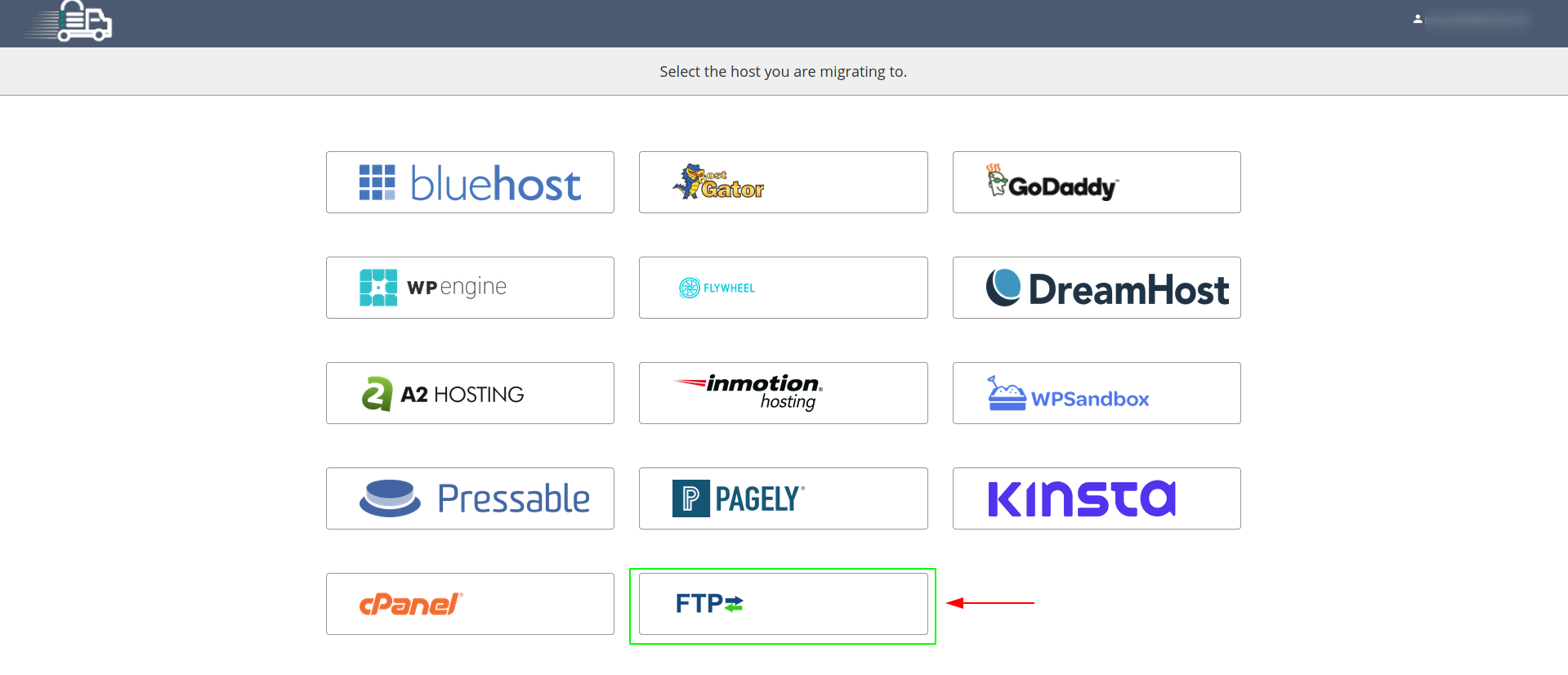 Seleccionar FTP como medio de destino para iniciar la migración en Migrate Guru