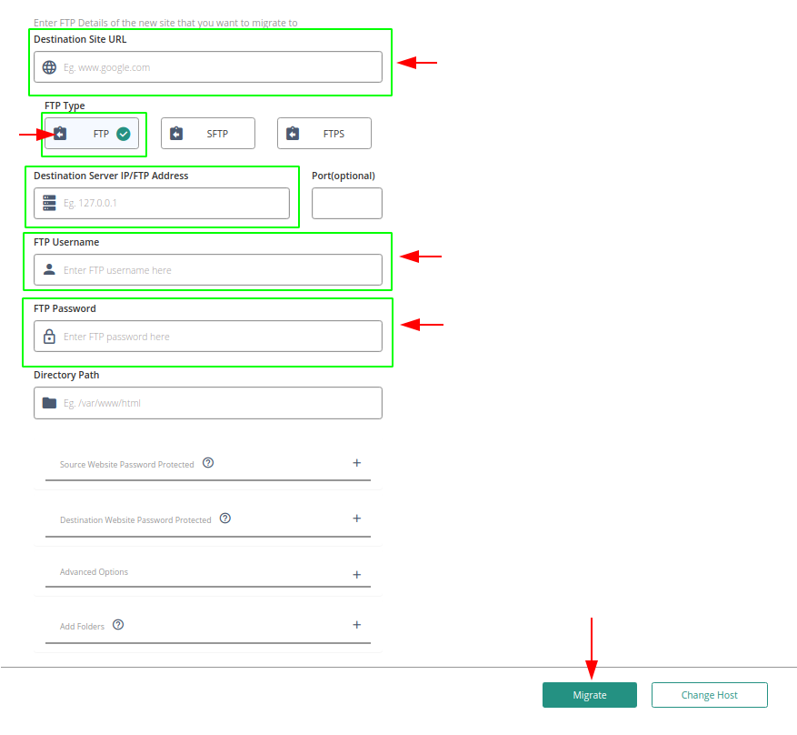 Cómo configurar conexión FTP en Migrate Guru