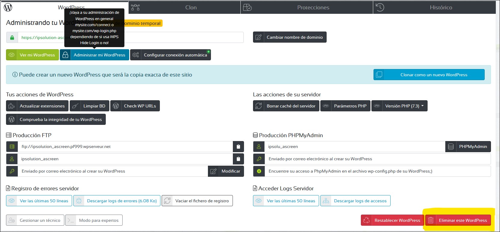 Surpimir mi wordpress en wpscale