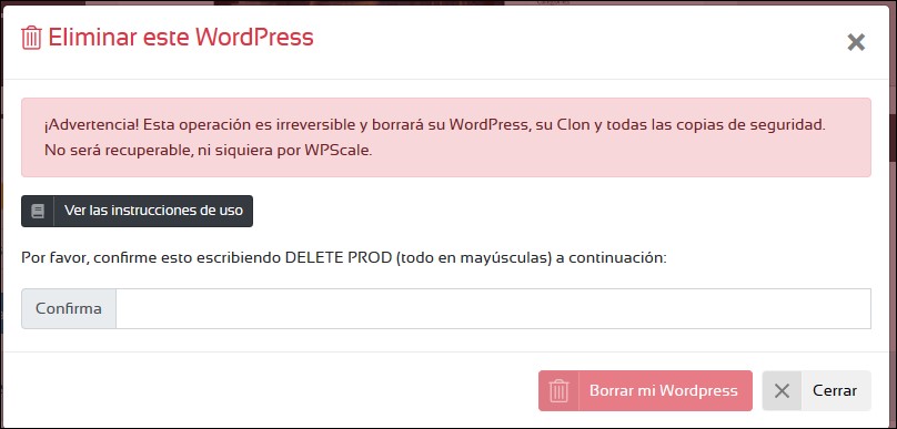 Suprimir WordPress en WPSCALE