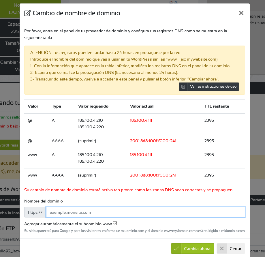 cambio dominios wpscale dns 