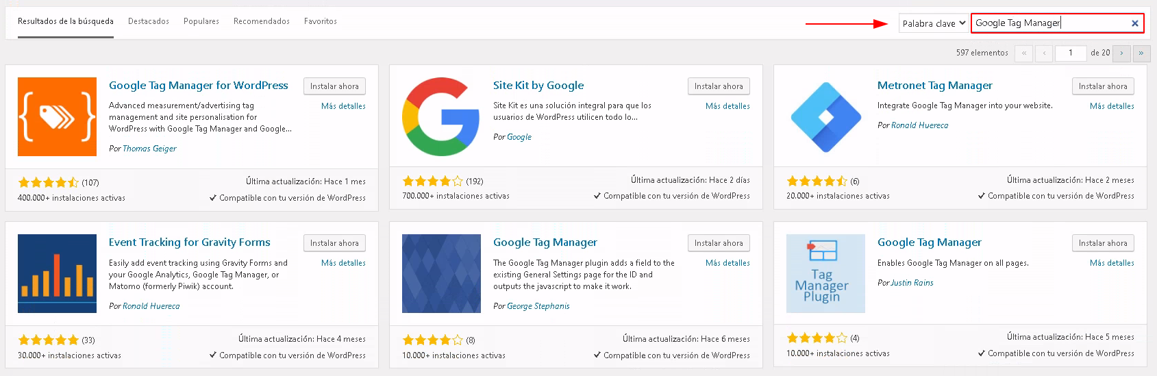 Instalar Google Tag Manager desde la biblioteca de plugins en WordPress